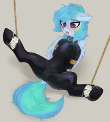 Size: 2630x2904 | Tagged: suggestive, artist:anku, derpibooru import, oc, oc:siriusnavigator, pegasus, pony, bondage, collar, female, floppy ears, image, latex, latex suit, mare, open mouth, png, pony oc, rope, shackles, simple background, solo, solo female, spreading