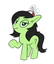 Size: 832x990 | Tagged: safe, artist:happy harvey, derpibooru import, oc, oc:anonfilly, earth pony, pony, colored pupils, drawn on phone, ear fluff, female, filly, foal, hat, image, lidded eyes, png, propeller hat, raised hoof, simple background, smug, transparent background