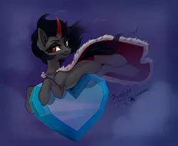 Size: 2700x2216 | Tagged: safe, artist:jsunlight, artist:taneysha, derpibooru import, king sombra, pony, unicorn, collaboration, crystal heart, flying, image, jpeg, lidded eyes, looking at you, queen umbra, rule 63, smiling, solo