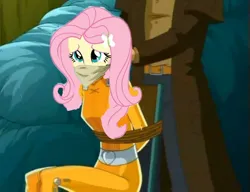 Size: 936x720 | Tagged: safe, derpibooru import, edit, fluttershy, equestria girls, cloth gag, cute, gag, help me, image, jpeg, ropes, sad, scared, shyabetes, tied up, totally spies, worried