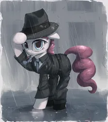 Size: 3000x3361 | Tagged: safe, artist:vultraz, derpibooru import, pinkie pie, earth pony, pony, clothes, coat, detective, fedora, female, floppy ears, hat, image, looking at you, mare, necktie, noir, noisemaker, party whistle, pinktober, png, rain, raised hoof, solo, water, wet