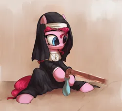 Size: 3000x2739 | Tagged: safe, artist:vultraz, derpibooru import, pinkie pie, earth pony, pony, abstract background, balloon, clothes, costume, cute, diapinkes, female, image, mare, nun, nun outfit, pinktober, pipe, png, sitting, smiling, solo, water balloon