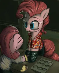 Size: 3000x3693 | Tagged: safe, artist:vultraz, derpibooru import, pinkie pie, earth pony, pony, bracelet, clothes, cupcake, female, fight club, food, gloves, goggles, image, jewelry, mare, open mouth, pants, pinkamena diane pie, pinktober, png, rolling pin, safety goggles, self paradox, self ponidox, shirt, tyler durden