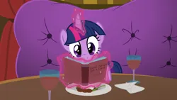 Size: 7282x4096 | Tagged: safe, artist:sollace, derpibooru import, twilight sparkle, pony, viva las pegasus, alcohol, book, bronybait, cute, date, derpibooru exclusive, dinner, eating, high res, hooves on the table, image, las pegasus, magic, offscreen character, png, pov, reading, restaurant, show accurate, smiling, solo, vector, wine