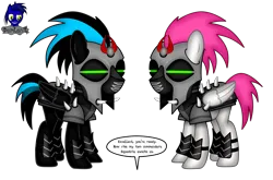 Size: 6016x3966 | Tagged: safe, artist:damlanil, derpibooru import, oc, oc:nightlight aura, oc:storm cloud, pegasus, pony, armor, comic, commission, duo, female, helmet, image, mare, mind control, png, show accurate, simple background, sombra soldier, speech bubble, text, transparent background, vector, wings