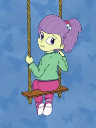 Size: 1500x2000 | Tagged: safe, artist:tahublade7, derpibooru import, lily pad (equestria girls), human, equestria girls, clothes, image, jacket, looking at you, pants, png, ponytail, shoes, sitting, swing