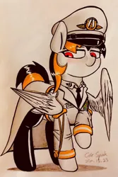 Size: 1600x2392 | Tagged: safe, artist:cdrspark, derpibooru import, oc, oc:spark apocalypse, unofficial characters only, pegasus, cap, clothes, female, hat, image, jpeg, latex, latex stockings, lidded eyes, military uniform, overcoat, pegasus oc, red eyes, rubber boots, signature, solo, solo female, stockings, thigh highs, traditional art, uniform, wings