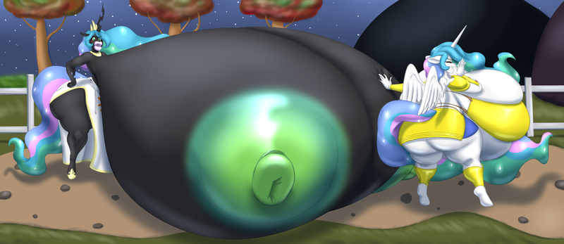 Size: 7525x3263 | Tagged: questionable, artist:blues64, artist:mr.pink, derpibooru import, part of a set, princess celestia, queen chrysalis, alicorn, anthro, changeling, changeling queen, series:bountyverse, big breasts, big lips, bimbo, breast expansion, breasts, breasts on floor, busty princess celestia, busty queen chrysalis, clothes, commission, costume, exposed breasts, female, females only, growth, hair, hand on breasts, hill, horn, huge breasts, hyper, hyper breasts, image, impossibly large breasts, laughing, leaning, nature's bounty nightmare night party, night, nightmare night, nipples, nudity, outdoors, part of a series, png, revenge, royal guard, sequel, tree, wings