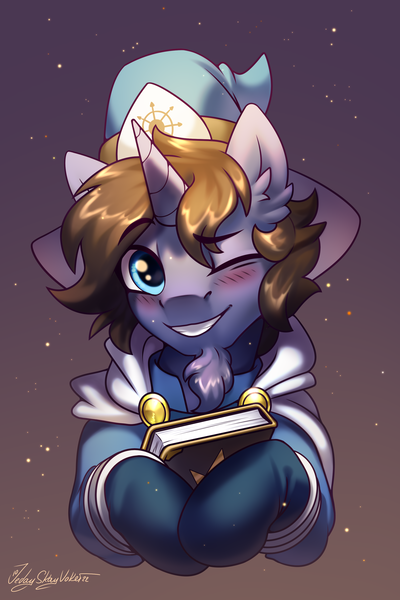 Size: 2000x3000 | Tagged: safe, artist:jedayskayvoker, derpibooru import, oc, oc:azure lore, pony, unicorn, blushing, book, bust, cape, clothes, facial hair, gloves, goatee, gradient background, hat, holding a book, horn, icon, image, looking at you, magic, magician, magician outfit, male, patreon, patreon reward, png, portrait, smiling, smiling at you, solo, stallion, unicorn oc