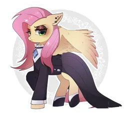 Size: 2200x2000 | Tagged: safe, artist:hosikawa, derpibooru import, fluttershy, pegasus, pony, clothes, ear piercing, eyeshadow, female, fluttergoth, frown, high res, image, jpeg, lidded eyes, makeup, mare, partially open wings, piercing, raised hoof, signature, solo, wings, wrong eye color