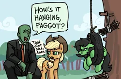 Size: 600x394 | Tagged: safe, artist:plunger, applejack, oc, oc:anon, oc:anonfilly, human, pony, /mlp/, annoyed, apple, apple tree, applejack's hat, bundle of sticks, clothes, cowboy hat, drawthread, faggot, female, filly, food, hanging, hat, image, looking at each other, mare, necktie, png, suit, tire swing, tree, vulgar