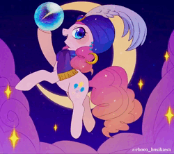 Size: 720x640 | Tagged: safe, artist:hosikawa, derpibooru import, pinkie pie, earth pony, pony, animated, clothes, cloud, crescent moon, crystal ball, ear piercing, earring, female, gypsy bard, gypsy pie, hat, image, jewelry, mare, moon, music, night, night sky, open mouth, piercing, scarf, shooting star, sky, solo, sound, webm
