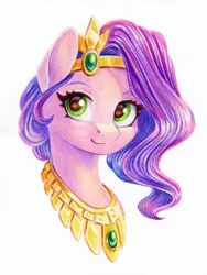 Size: 903x1200 | Tagged: safe, artist:maytee, derpibooru import, pipp petals, pegasus, pony, bust, colored pencil drawing, crown, female, g5, image, jewelry, looking at you, mare, necklace, png, portrait, regalia, simple background, smiling, solo, traditional art, white background