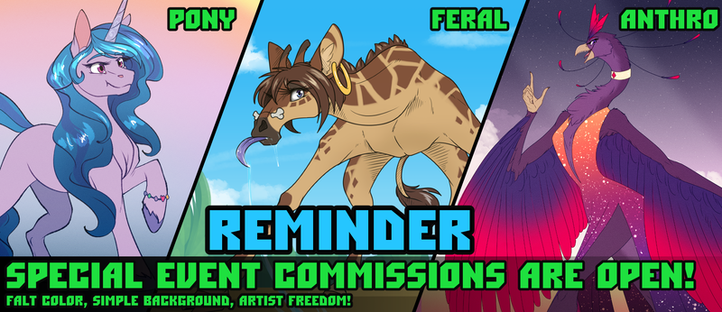 Size: 1872x809 | Tagged: safe, artist:sunny way, derpibooru import, izzy moonbow, anthro, giraffe, pony, unicorn, advertisement, any gender, any species, art, artwork, colored, commission, commissions open, digital art, event, female, feral, flat colors, furry, g5, image, mare, open, png