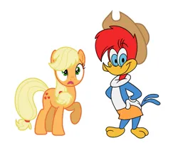 Size: 753x628 | Tagged: safe, artist:orangetoastpony35, derpibooru import, edit, applejack, bird, earth pony, pony, applejack's hat, clothes, cowboy hat, crossover, cute, duo, female, frown, hat, hatless, image, jackabetes, mare, missing accessory, png, shocked, simple background, skirt, smiling, the new woody woodpecker show, white background, winnie woodpecker, woodpecker, woody woodpecker (series)