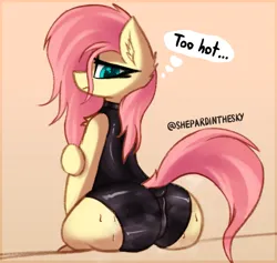 Size: 1153x1095 | Tagged: suggestive, artist:shepardinthesky, derpibooru import, fluttershy, pony, butt, chest fluff, ear fluff, flutterbutt, image, latex, latex suit, musk, png, sitting, sketch, solo, sweat, thought bubble