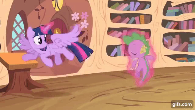 Size: 640x360 | Tagged: safe, derpibooru import, screencap, twilight sparkle, twilight sparkle (alicorn), alicorn, dragon, pony, season 4, three's a crowd, animated, female, g4, gif, gifs.com, glow, glowing horn, golden oaks library, horn, image, library, magic, male, mare, telekinesis