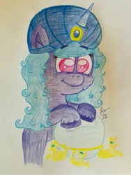 Size: 3024x4032 | Tagged: safe, artist:jesslmc16, derpibooru import, izzy moonbow, unicorn, clothes, colored, colored pencil drawing, colored pencils, colored pupils, costume, crystal ball, drawing, female, fluffy, fortune teller, g5, halloween, halloween costume, holiday, image, jpeg, madame izzy, nightmare night, nightmare night costume, smiling, standing, traditional art