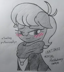 Size: 2103x2355 | Tagged: safe, artist:iceflower99, derpibooru import, ms. harshwhinny, blushing, clothes, floppy ears, image, inktober, inktober 2022, jewelry, jpeg, monochrome, necklace, scarf, traditional art