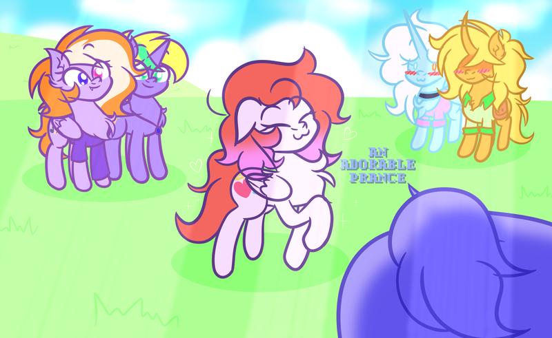 Size: 4040x2480 | Tagged: safe, artist:iceflower99, derpibooru import, oc, oc:buggy brush, oc:darky spell, oc:foggy bismuth, oc:june griffon, oc:sunrise goldhearts, oc:zweet beatz, unofficial characters only, demon, demon pony, gryphon, original species, pegasus, pony, unicorn, fanfic, blushing, chest fluff, choker, clothes, curved horn, daemonequus, ear fluff, eyes closed, fanfic art, floppy ears, griffon oc, horn, image, jewelry, necklace, pegasus oc, png, pouch, prancing, shirt, sweater, t-shirt, unicorn oc, wings