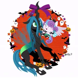 Size: 766x766 | Tagged: safe, artist:efuji_d, derpibooru import, princess flurry heart, queen chrysalis, alicorn, changeling, changeling queen, pony, clothes, cookie, costume, crown, eyes closed, female, filly, foal, food, halloween, heart, holiday, image, jewelry, jpeg, open mouth, open smile, regalia, smiling, socks, wavy mouth