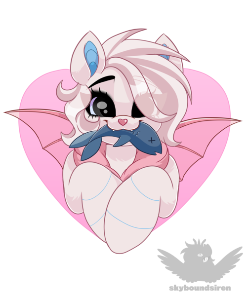 Size: 2000x2400 | Tagged: safe, artist:skyboundsiren, derpibooru import, oc, oc:kite the bat, unofficial characters only, bat pony, fish, colored pinnae, commission, cute, cute little fangs, fangs, female, hair over one eye, halfbody, heart, heart nose, image, looking at you, mouth hold, png, simple background, smiling, smiling at you, solo, spread wings, transparent background, transparent wings, wings