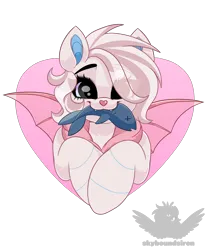 Size: 2000x2400 | Tagged: safe, artist:skyboundsiren, derpibooru import, oc, oc:kite the bat, unofficial characters only, bat pony, fish, colored pinnae, commission, cute, cute little fangs, fangs, female, hair over one eye, halfbody, heart, heart nose, image, looking at you, mouth hold, png, simple background, smiling, smiling at you, solo, spread wings, transparent background, transparent wings, wings