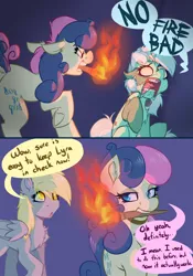 Size: 3640x5200 | Tagged: safe, artist:witchtaunter, derpibooru import, bon bon, lyra heartstrings, sweetie drops, earth pony, pegasus, pony, unicorn, mlp fim's twelfth anniversary, angry, bon bon is not amused, comic, faic, floppy ears, frankenpony, frankenstein's monster, gradient background, halloween, holiday, image, l.u.l.s., png, scared, simple background, sitting, speech bubble, stitches, torch, unamused, yelling