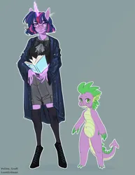 Size: 1836x2384 | Tagged: safe, artist:leonerdman, derpibooru import, spike, twilight sparkle, anthro, dragon, unguligrade anthro, image, png