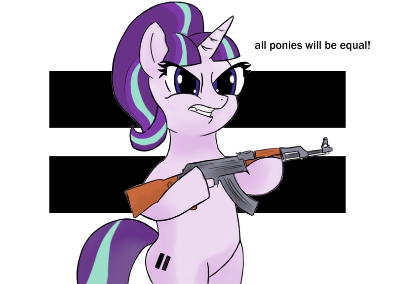 Size: 2048x1470 | Tagged: safe, artist:fizzlepopsunset, derpibooru import, starlight glimmer, pony, ak-47, assault rifle, bipedal, equal sign, female, gun, hoof hold, image, jpeg, rifle, s5 starlight, simple background, weapon, white background