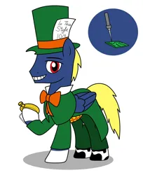 Size: 2160x2650 | Tagged: safe, artist:metal-jacket444, derpibooru import, ponified, pegasus, pony, batman, bowtie, circuit board, clothes, cutie mark, dc comics, hat, image, jervis tetch, mad hatter, mad hatter (dc comics), png, pocket watch, simple background, sodering iron, solo, suit, top hat, watch, white background