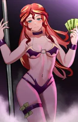 Size: 715x1118 | Tagged: suggestive, artist:tzc, derpibooru import, sunset shimmer, human, bedroom eyes, belly button, bra, breasts, busty sunset shimmer, choker, clothes, female, humanized, image, jpeg, looking at you, money, panties, pole dancing, solo, solo female, stripper, stripper pole, underwear