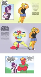 Size: 1673x3072 | Tagged: safe, artist:matchstickman, derpibooru import, apple bloom, applejack, big macintosh, little mac, sugar belle, anthro, earth pony, plantigrade anthro, pony, unicorn, tumblr:where the apple blossoms, abs, apple brawn, apple siblings, apple sisters, applejacked, armpits, biceps, breasts, brother and sister, busty apple bloom, busty applejack, busty sugar belle, clothes, comic, deltoids, dialogue, female, flexing, flexing muscles, foal, great macintosh, image, jpeg, male, mare, matchstickman's apple brawn series, muscles, muscular female, muscular male, older, older apple bloom, pecs, shipping, shirt, shoes, shorts, siblings, sisters, speech bubble, stallion, straight, sugarmac, thighs, thought bubble, thunder thighs, tumblr comic