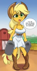 Size: 1516x2890 | Tagged: safe, artist:siroc, derpibooru import, applejack, anthro, earth pony, annoyed, big breasts, boots, breasts, busty applejack, cleavage, clothes, dress, female, image, jpeg, milk jug, pigeon toed, shoes, solo, solo female, speech bubble, sweat