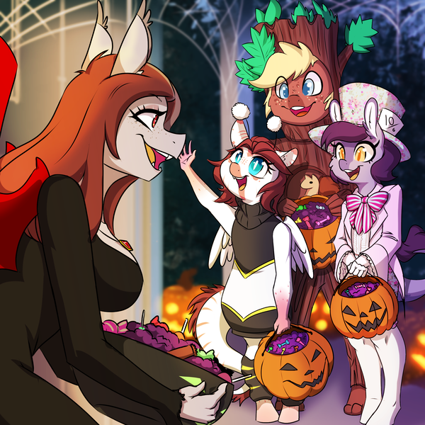 Size: 2000x2000 | Tagged: safe, artist:kennzeichen, derpibooru import, oc, oc:cedar pyrite, oc:ember rose, oc:scarlet quill, oc:violet spinel, unofficial characters only, anthro, bat pony, bugbear, dracony, dragon, hybrid, pony, unguligrade anthro, anthro oc, bat pony oc, bat wings, bowl, breasts, candy, clothes, colt, commission, costume, digital art, dracony oc, dress, fangs, female, filly, foal, food, halloween, halloween 2022, halloween costume, hat, holiday, image, jack-o-lantern, jewelry, mad hatter, male, mare, morticia addams, necklace, nightmare night, nightmare night 2022, nightmare night costume, png, pumpkin, slit pupils, smiling, spider web, tree, trick or treat, wings