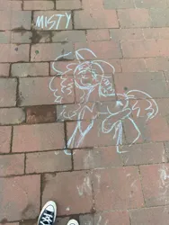 Size: 640x853 | Tagged: safe, artist:kreeeeeez, derpibooru import, pony, unicorn, g5, brick, chalk drawing, clothes, fake cutie mark, female, floppy ears, image, irl, jpeg, mare, misty brightdawn, photo, reddit, shoes, sneakers, solo, traditional art