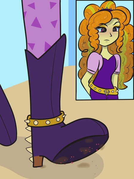 Size: 2048x2732 | Tagged: safe, artist:brandonthebronypony, derpibooru import, adagio dazzle, ankles, boots, clothes, feet, female, fetish, foot fetish, foot focus, image, micro, png, shoes, solo, solo female, tiny people, unaware, underfoot