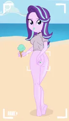 Size: 3396x6000 | Tagged: suggestive, artist:sarahthefox97, derpibooru import, spike, starlight glimmer, human, ass, beach, butt, clothes, female, food, human spike, humanized, ice cream, image, implied unbirthing, looking at you, male, png, shipping, shirt, shrinking, size difference, sparlight, straight, stupid sexy starlight glimmer, tiny, when you see it