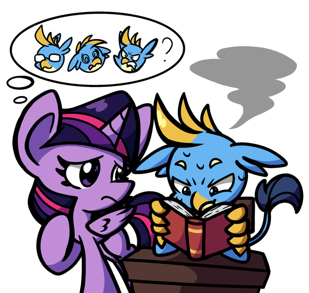 Size: 1533x1456 | Tagged: safe, derpibooru import, gallus, twilight sparkle, twilight sparkle (alicorn), alicorn, gryphon, book, cute, duo, duo male and female, female, image, looking at someone, looking at something, male, png, reading, sitting, table, thought bubble, worried