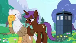 Size: 1280x720 | Tagged: safe, artist:mlp-silver-quill, derpibooru import, oc, oc:eliyora, oc:silver quill, after the fact, after the fact:it ain't easy being breezies, doctor who, facepalm, flower, hair lock, image, png, tardis, tree