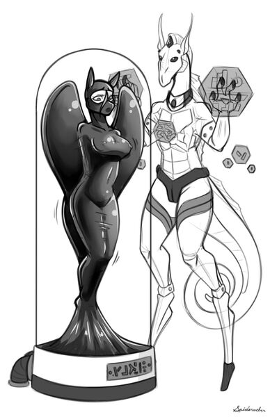 Size: 1280x1979 | Tagged: questionable, artist:spiderweber, derpibooru import, fluttershy, alien, anthro, pegasus, abduction, alien abduction, arm behind back, black and white, bondage, bound and gagged, bound wings, breasts, busty fluttershy, cocoon, damsel in distress, encasement, erect nipples, experiment, fetish, gag, glass case, grayscale, image, jpeg, kinktober, kinktober2022, latex, latex fetish, legs together, looking down, monochrome, mummification, mummified, nipple outline, over the nose gag, pedestal, rubber, shiny, simple background, sketch, standing, struggling, white background, wings