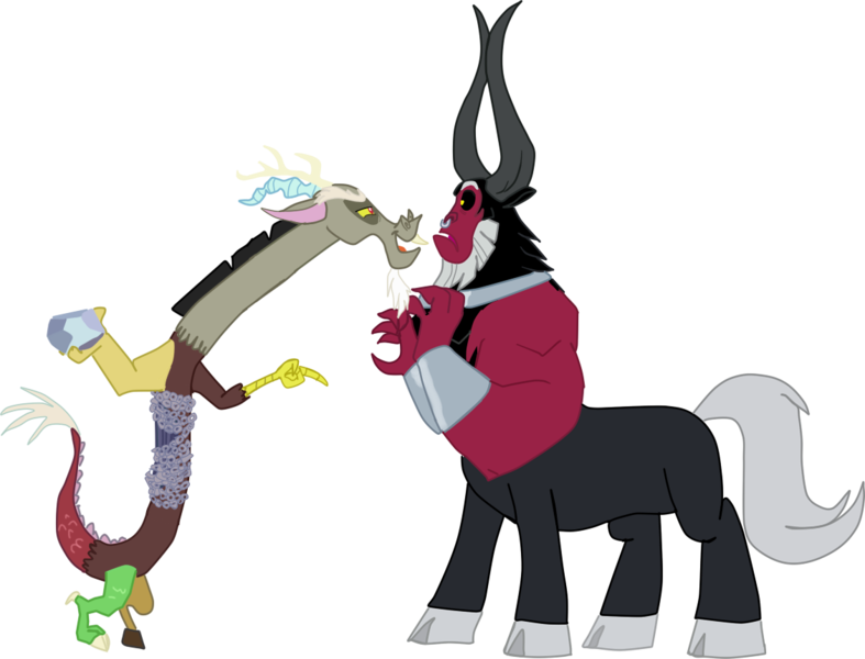 Size: 1129x861 | Tagged: safe, artist:nukarulesthehouse1, derpibooru import, discord, lord tirek, centaur, draconequus, taur, the ending of the end, arms, beard, chains, duo, facial hair, full body, gem, horns, image, male, mocking, paint tool sai, png, rock, shocked, simple background, transparent background, vector, vector trace