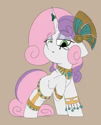 Size: 1854x2295 | Tagged: safe, artist:chaosllama, derpibooru import, sweetie belle, pony, unicorn, blank flank, clothes, egyptian, egyptian headdress, female, image, jewelry, looking at you, makeup, mare, png, ring, solo