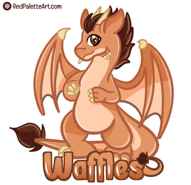 Size: 910x878 | Tagged: safe, artist:redpalette, derpibooru import, oc, oc:waffles, dragon, convention badge, cute, dragon oc, image, jpeg, non-pony oc, smiling, wings