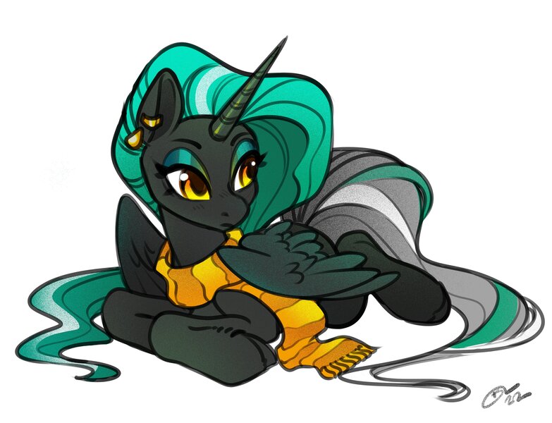 Size: 4096x3140 | Tagged: safe, artist:opalacorn, derpibooru import, oc, oc:obsidian (m00n13aby), unofficial characters only, alicorn, pony, alicorn oc, clothes, ear piercing, earring, eyeshadow, female, high res, horn, image, jewelry, jpeg, makeup, mare, piercing, scarf, signature, simple background, solo, striped scarf, white background, wings