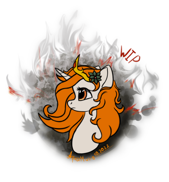 Size: 2167x2325 | Tagged: safe, artist:aquamuro, derpibooru import, oc, oc:freudensonne, unofficial characters only, pony, unicorn, bust, female, flower, flower in hair, horn, image, jewelry, mare, png, signature, simple background, sketch, smoke, solo, tiara, transparent background, unicorn oc, wip