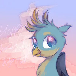 Size: 1000x1000 | Tagged: safe, derpibooru import, gallus, gryphon, chest fluff, cloud, cute, english, eye reflection, floppy ears, gallabetes, handsome, happy birthday, image, july, leader, looking at you, male, png, reflection, teenager