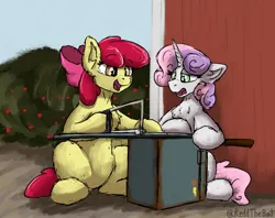 Size: 2048x1618 | Tagged: safe, artist:reddthebat, derpibooru import, apple bloom, sweetie belle, earth pony, pony, unicorn, apple, apple tree, barn, chest fluff, dexterous hooves, duo, female, filly, foal, food, gun, hacksaw, image, jpeg, saw, shotgun, signature, sweet apple acres, this will end in an atf raid, this will end in jail time, tree, weapon