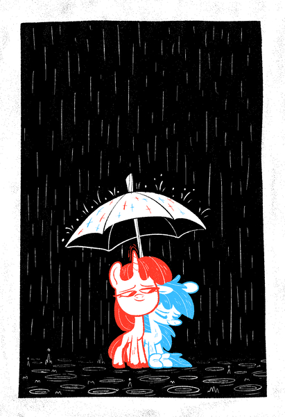 Size: 1441x2104 | Tagged: safe, artist:jimmyjamno1, derpibooru import, pegasus, pony, unicorn, black background, duo, image, jpeg, limited palette, rain, simple background, umbrella