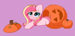 Size: 6701x3272 | Tagged: safe, artist:kittyrosie, derpibooru import, oc, oc:rosa flame, unofficial characters only, pony, unicorn, :o, blushing, image, open mouth, pink background, png, pumpkin, simple background